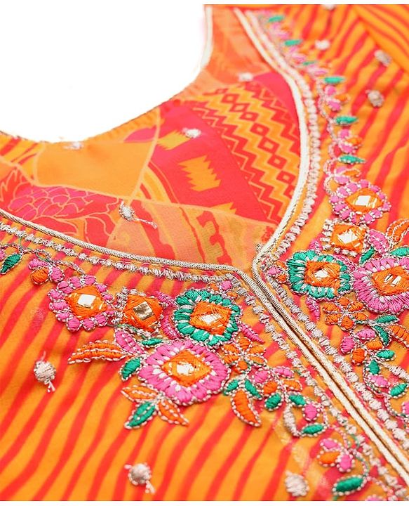Pine Kids Woven Half Sleeves Striped Choli Lehenga Set with Dupatta Floral Print & Embroidery - Orange