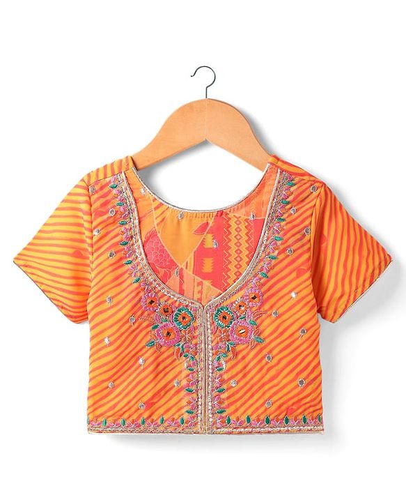 Pine Kids Woven Half Sleeves Striped Choli Lehenga Set with Dupatta Floral Print & Embroidery - Orange