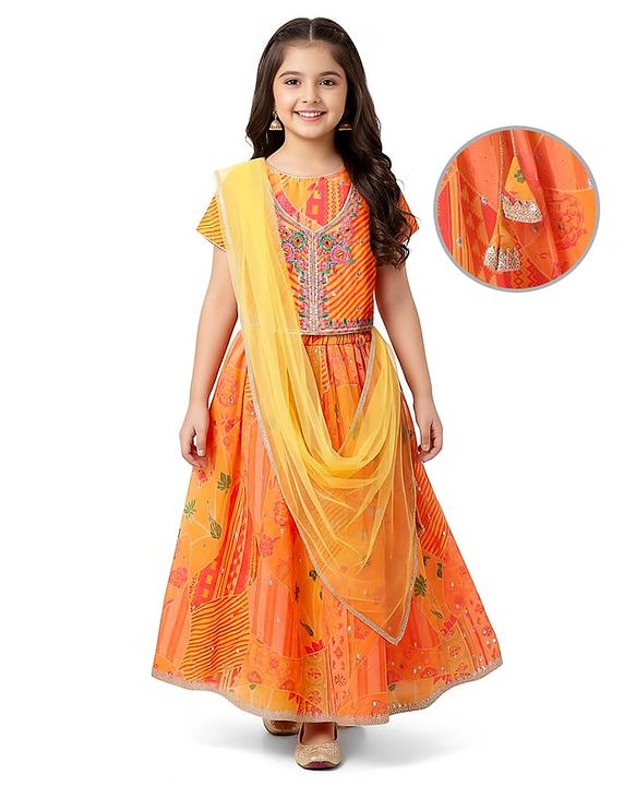 Pine Kids Woven Half Sleeves Striped Choli Lehenga Set with Dupatta Floral Print & Embroidery - Orange