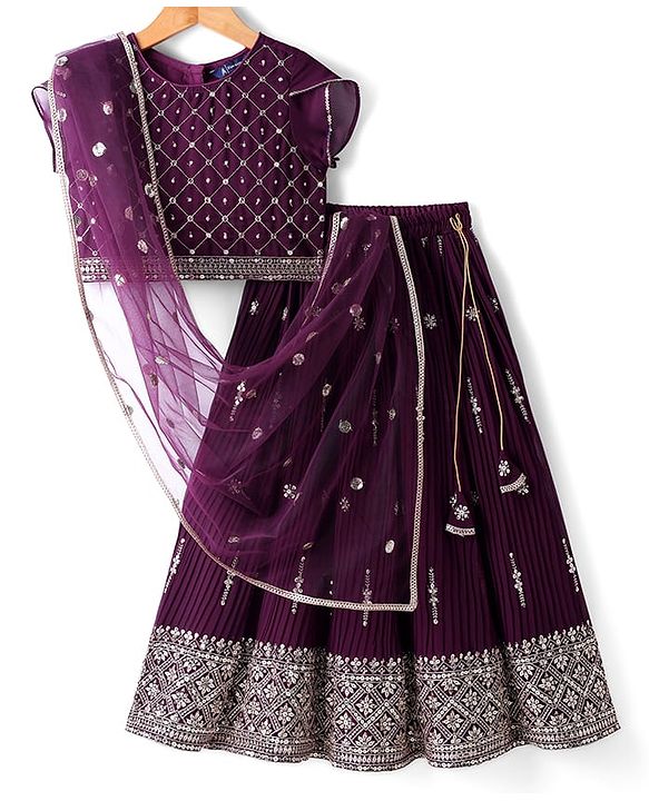 Pine Kids Woven Half Sleeves Choli Lehenga Set with Dupatta & Sequin Detailing - Wine