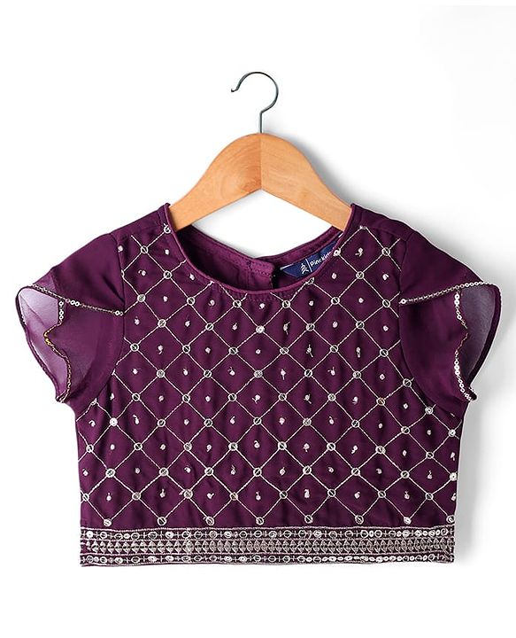 Pine Kids Woven Half Sleeves Choli Lehenga Set with Dupatta & Sequin Detailing - Wine
