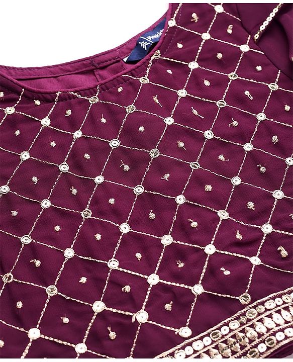 Pine Kids Woven Half Sleeves Choli Lehenga Set with Dupatta & Sequin Detailing - Wine