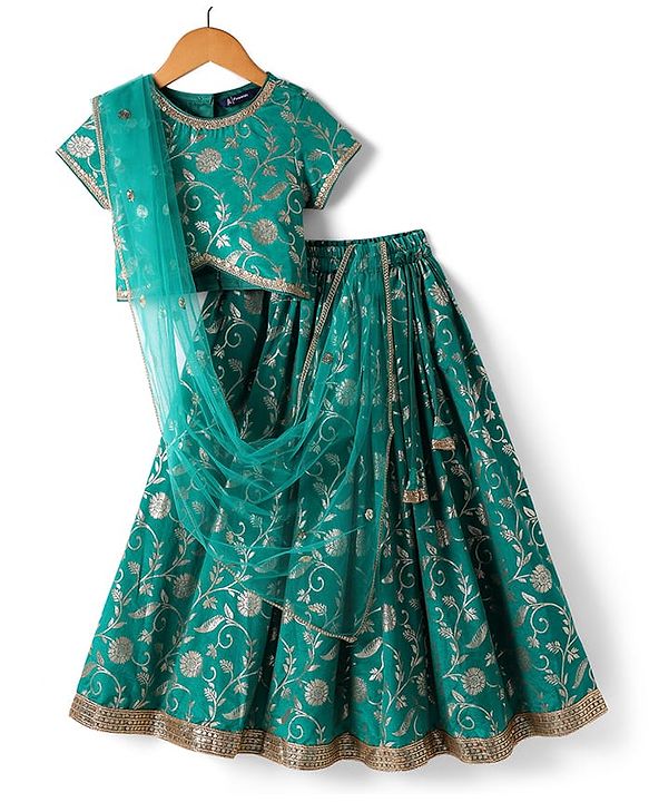Pine Kids Woven Half Sleeves Choli Lehenga Set with Dupatta & Zari Detailing - Mint