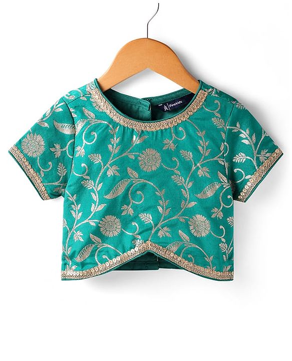 Pine Kids Woven Half Sleeves Choli Lehenga Set with Dupatta & Zari Detailing - Mint