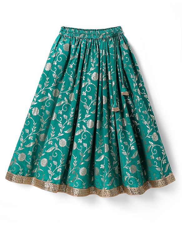 Pine Kids Woven Half Sleeves Choli Lehenga Set with Dupatta & Zari Detailing - Mint