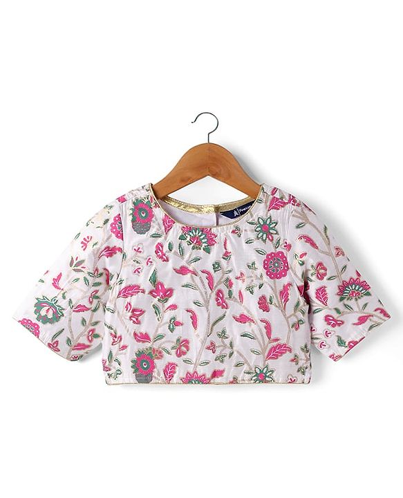 Pine Kids Woven Half Sleeves Choli Lehenga Set with Dupatta Floral Glitter Print & Lace Detailing - Pink