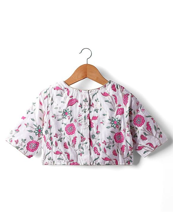 Pine Kids Woven Half Sleeves Choli Lehenga Set with Dupatta Floral Glitter Print & Lace Detailing - Pink