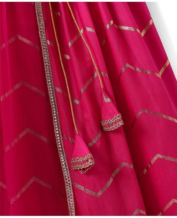 Pine Kids Woven Half Sleeves Choli Lehenga Set with Dupatta Floral Glitter Print & Lace Detailing - Pink