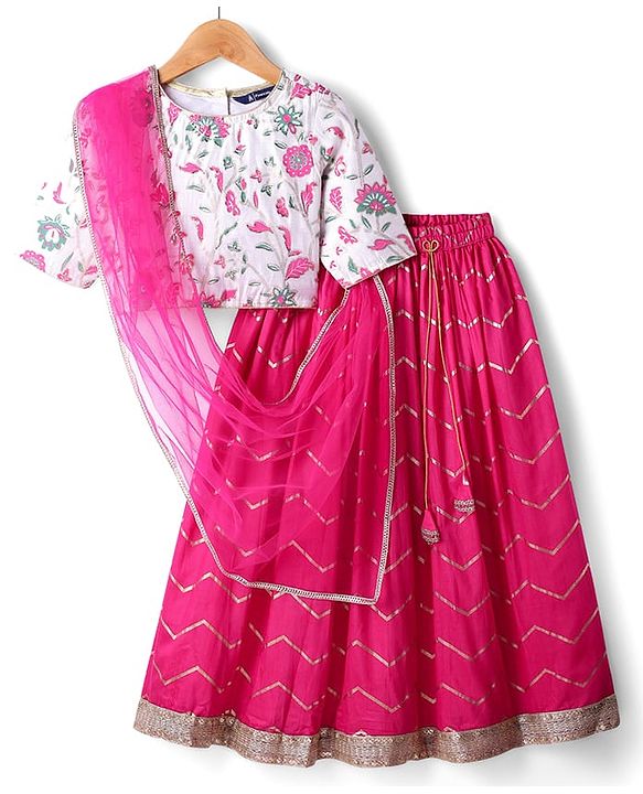 Pine Kids Woven Half Sleeves Choli Lehenga Set with Dupatta Floral Glitter Print & Lace Detailing - Pink