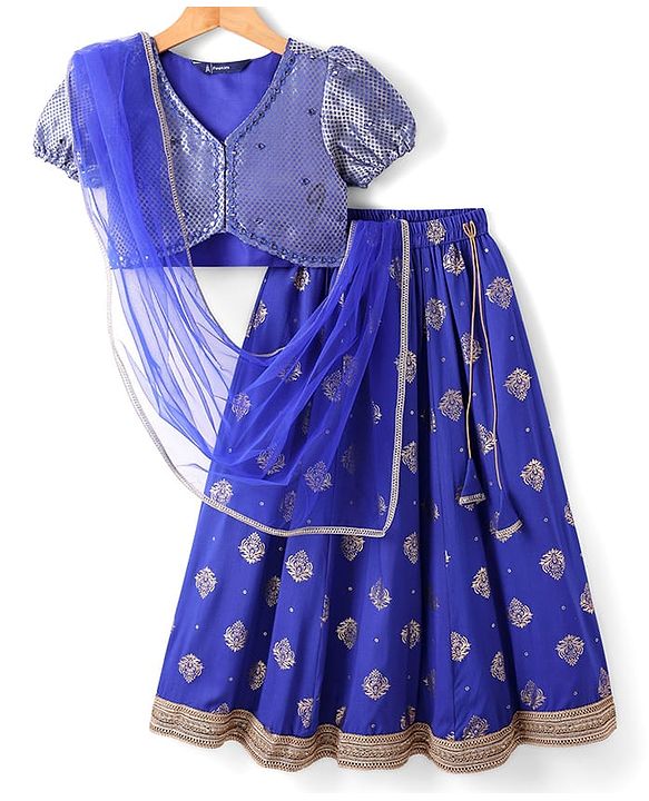 Pine Kids Woven Half Puffed Sleeves Choli Lehenga Set with Dupatta Motif Glitter Print & Lace Detailing - Royal Blue