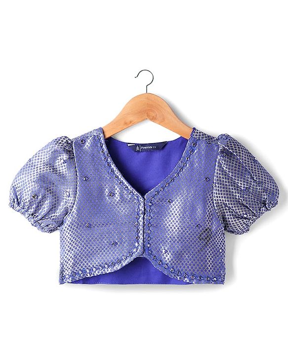 Pine Kids Woven Half Puffed Sleeves Choli Lehenga Set with Dupatta Motif Glitter Print & Lace Detailing - Royal Blue