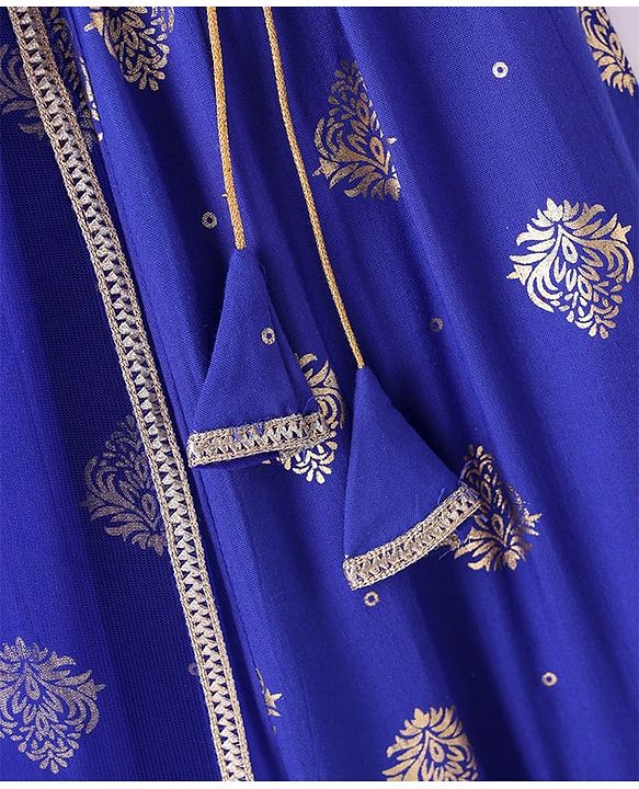 Pine Kids Woven Half Puffed Sleeves Choli Lehenga Set with Dupatta Motif Glitter Print & Lace Detailing - Royal Blue