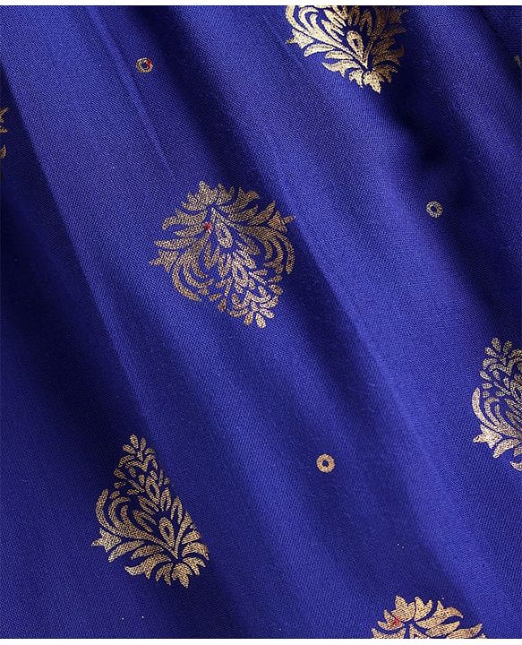 Pine Kids Woven Half Puffed Sleeves Choli Lehenga Set with Dupatta Motif Glitter Print & Lace Detailing - Royal Blue