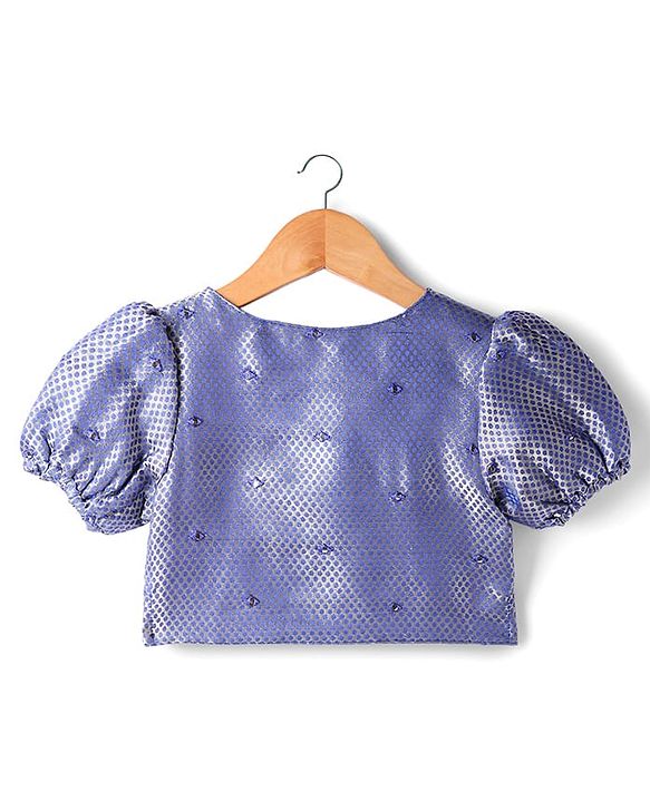 Pine Kids Woven Half Puffed Sleeves Choli Lehenga Set with Dupatta Motif Glitter Print & Lace Detailing - Royal Blue