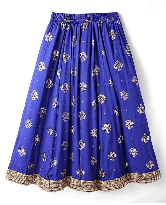 Pine Kids Woven Half Puffed Sleeves Choli Lehenga Set with Dupatta Motif Glitter Print & Lace Detailing - Royal Blue