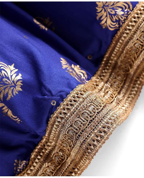 Pine Kids Woven Half Puffed Sleeves Choli Lehenga Set with Dupatta Motif Glitter Print & Lace Detailing - Royal Blue