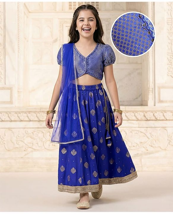Pine Kids Woven Half Puffed Sleeves Choli Lehenga Set with Dupatta Motif Glitter Print & Lace Detailing - Royal Blue