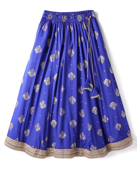Pine Kids Woven Half Puffed Sleeves Choli Lehenga Set with Dupatta Motif Glitter Print & Lace Detailing - Royal Blue