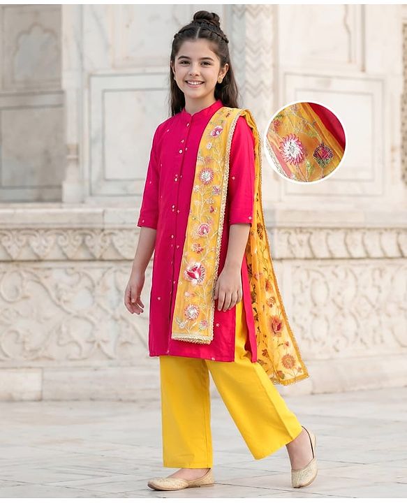Pine Kids Woven Three Fourth Sleeves Kurta Palazzo Set with  Dupatta Floral Embroidery & Sequin & Lace Detailing - Yellow & Dark Pink
