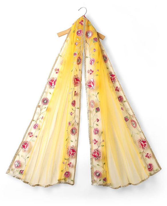 Pine Kids Woven Three Fourth Sleeves Kurta Palazzo Set with  Dupatta Floral Embroidery & Sequin & Lace Detailing - Yellow & Dark Pink