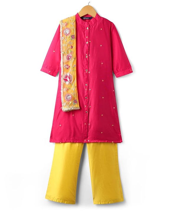 Pine Kids Woven Three Fourth Sleeves Kurta Palazzo Set with  Dupatta Floral Embroidery & Sequin & Lace Detailing - Yellow & Dark Pink