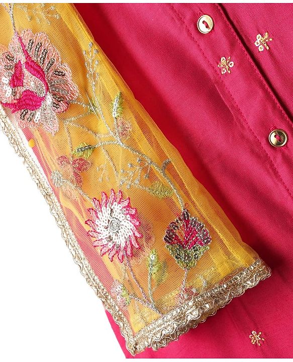 Pine Kids Woven Three Fourth Sleeves Kurta Palazzo Set with  Dupatta Floral Embroidery & Sequin & Lace Detailing - Yellow & Dark Pink