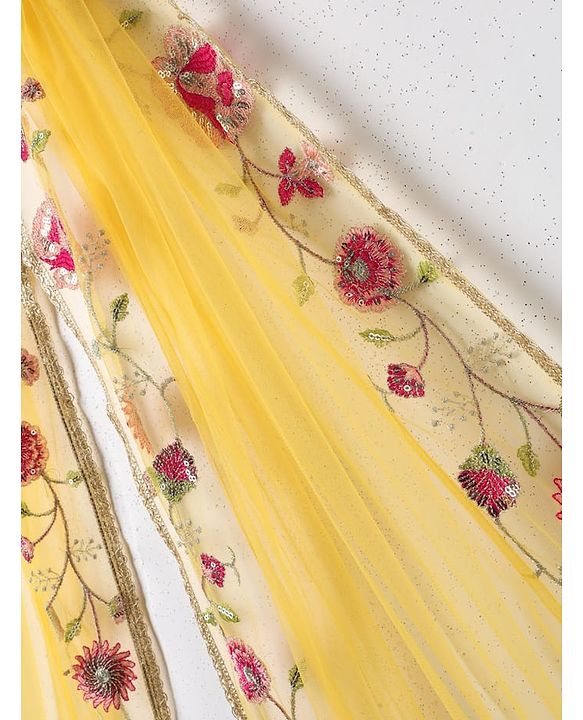 Pine Kids Woven Three Fourth Sleeves Kurta Palazzo Set with  Dupatta Floral Embroidery & Sequin & Lace Detailing - Yellow & Dark Pink