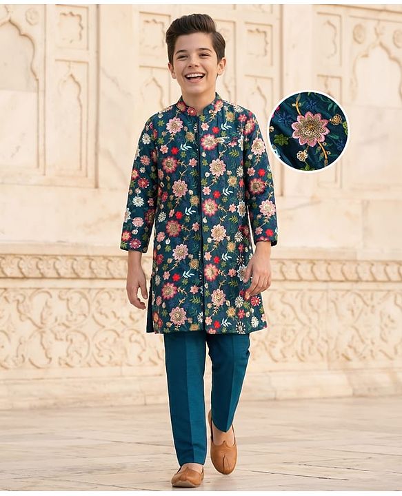 Pine Kids Woven Full Sleeves Floral Embroidered Kurta Pyjama Set - Navy Blue