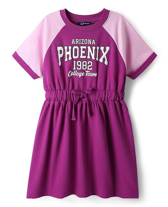 Pine Kids Cotton Knit Half Raglan Sleeves Winter Frock With Text Print - Purple