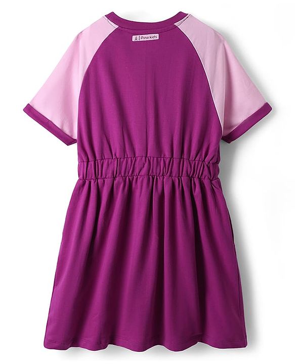 Pine Kids Cotton Knit Half Raglan Sleeves Winter Frock With Text Print - Purple