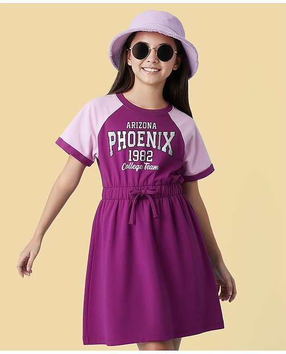 Pine Kids Cotton Knit Half Raglan Sleeves Winter Frock With Text Print - Purple