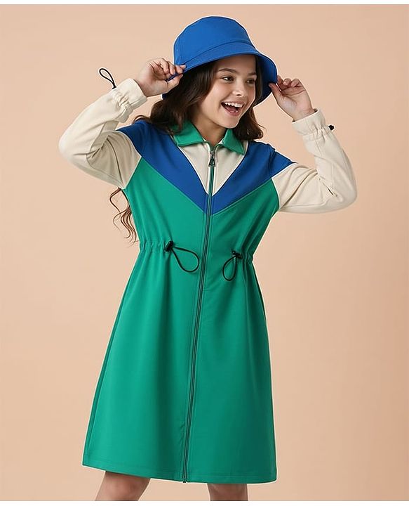 Pine Kids Cotton Knit Full Sleeves Winter Frocks With Cut & Sew Design - Green
