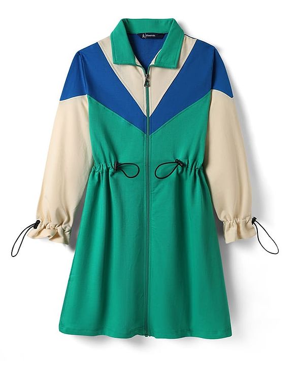 Pine Kids Cotton Knit Full Sleeves Winter Frocks With Cut & Sew Design - Green