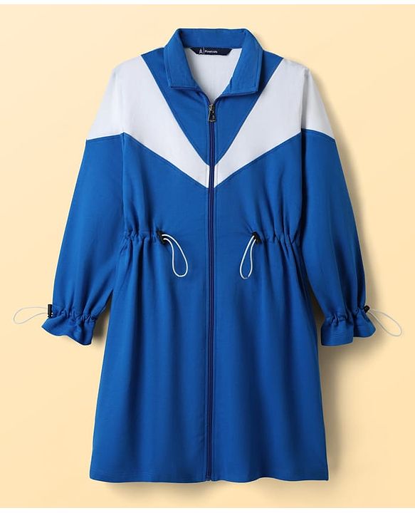 Pine Kids Cotton Knit Full Peasant Sleeves Color Block Winter Frock - Royal Blue & White