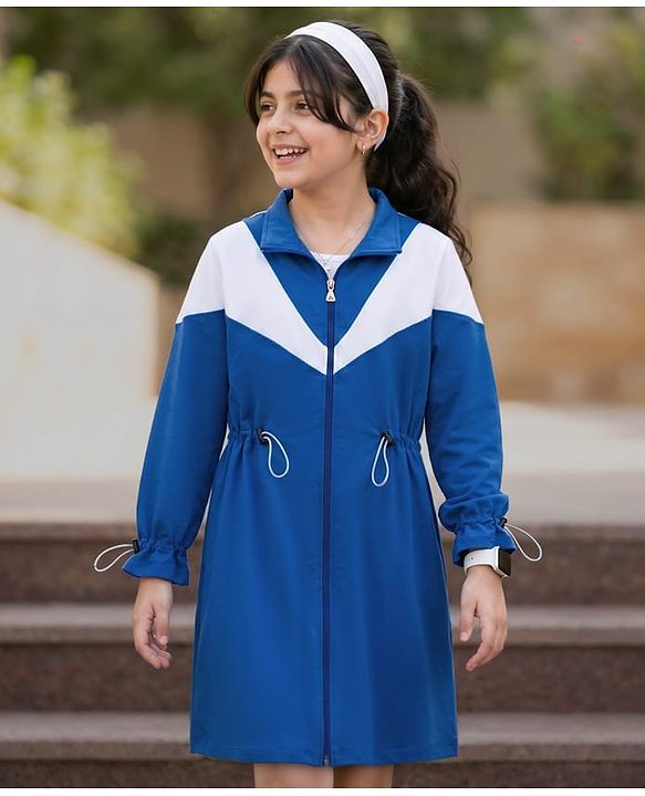 Pine Kids Cotton Knit Full Peasant Sleeves Color Block Winter Frock - Royal Blue & White
