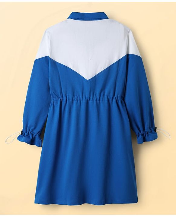 Pine Kids Cotton Knit Full Peasant Sleeves Color Block Winter Frock - Royal Blue & White