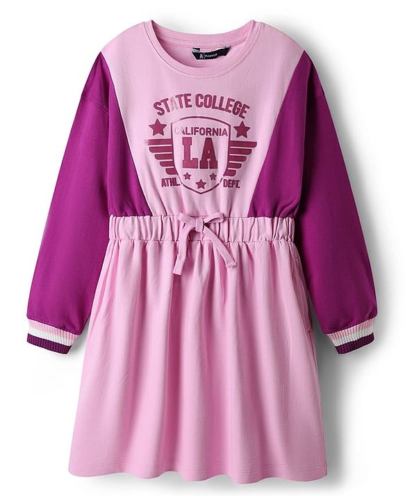 Pine Kids Cotton Knit Full Sleeves Color Black Winter Frock with State College California Text Print - Pink & Maroon