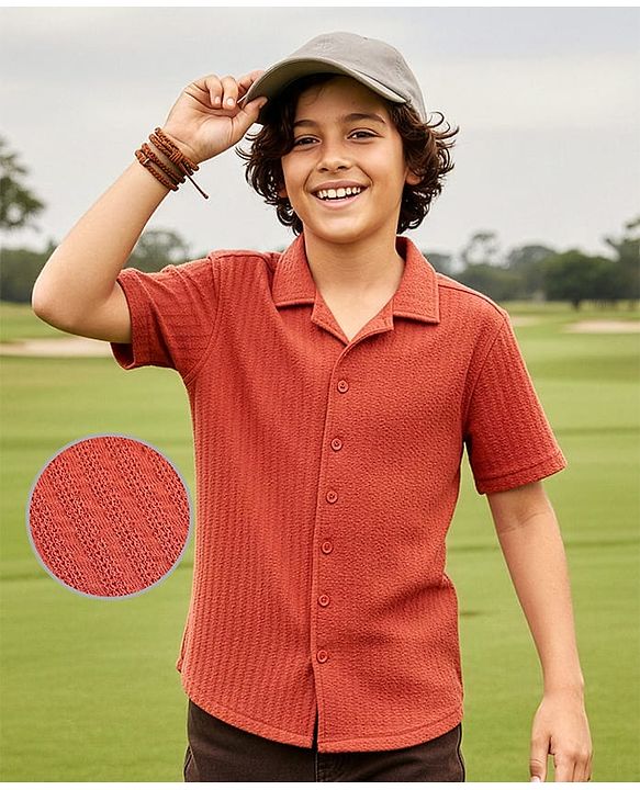 Pine Kids Cotton Knit Half Sleeves Textured Shirt - Rust Orange