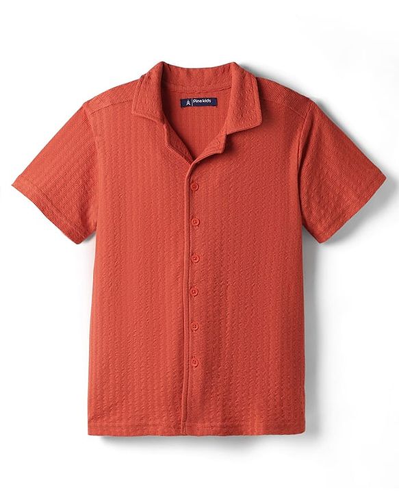 Pine Kids Cotton Knit Half Sleeves Textured Shirt - Rust Orange