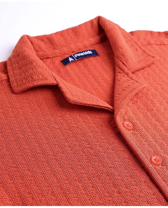 Pine Kids Cotton Knit Half Sleeves Textured Shirt - Rust Orange