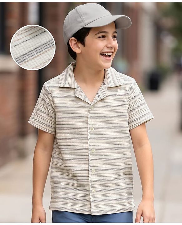 Pine Kids Cotton Knit Half Sleeves Striped Shirt - White