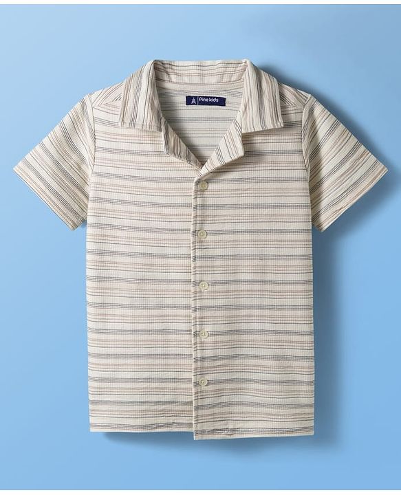 Pine Kids Cotton Knit Half Sleeves Striped Shirt - White