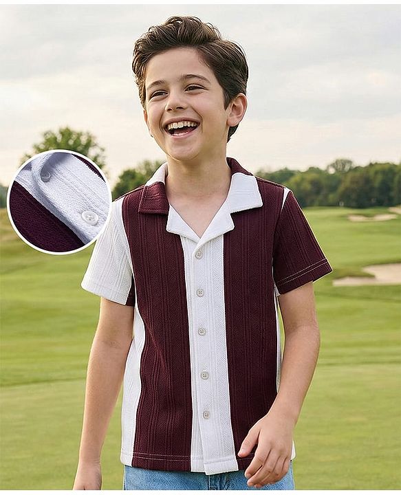 Pine Kids Knit Half Sleeves Shirt With Stripes - Wine & White