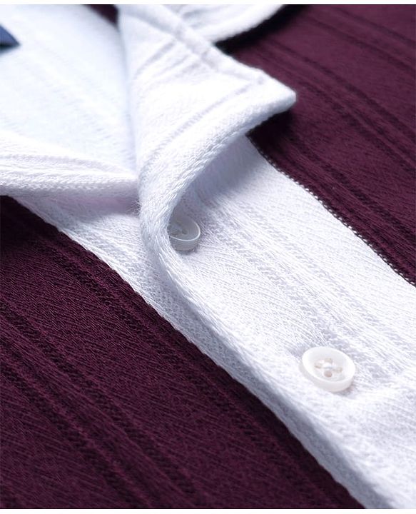 Pine Kids Knit Half Sleeves Shirt With Stripes - Wine & White