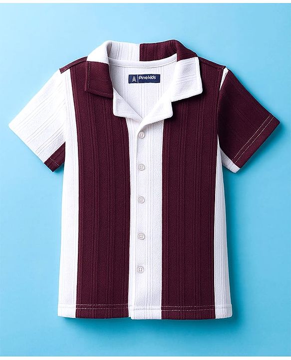 Pine Kids Knit Half Sleeves Shirt With Stripes - Wine & White