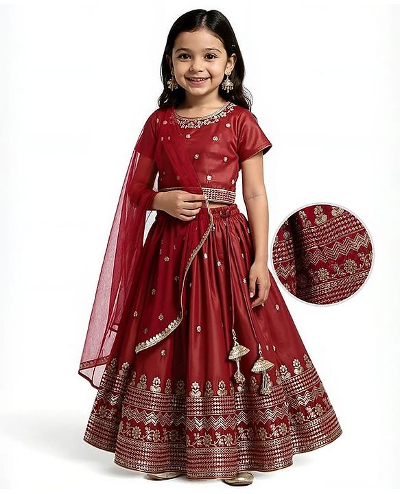 Babyhug Woven Half Sleeves Lehenga Choli With Dupatta Set Embroidery & Sequin - Maroon
