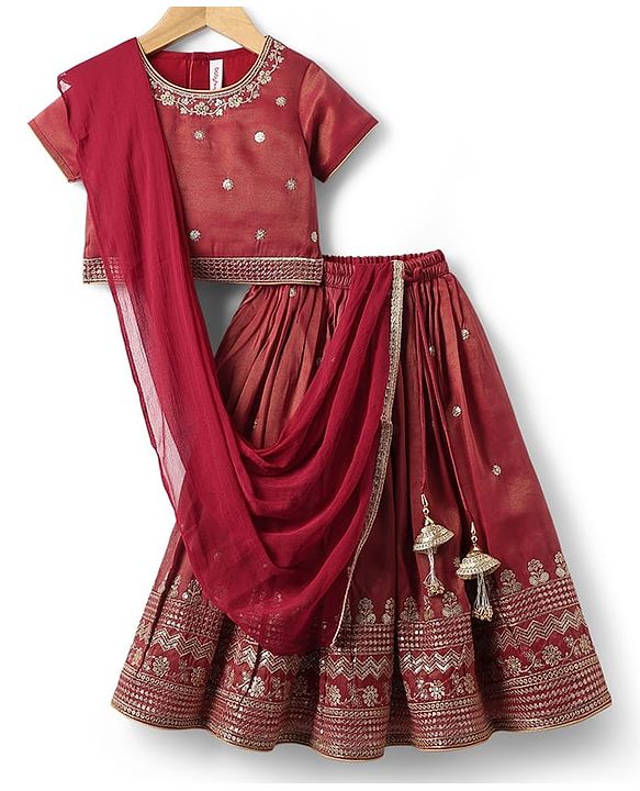 Babyhug Woven Half Sleeves Lehenga Choli With Dupatta Set Embroidery & Sequin - Maroon