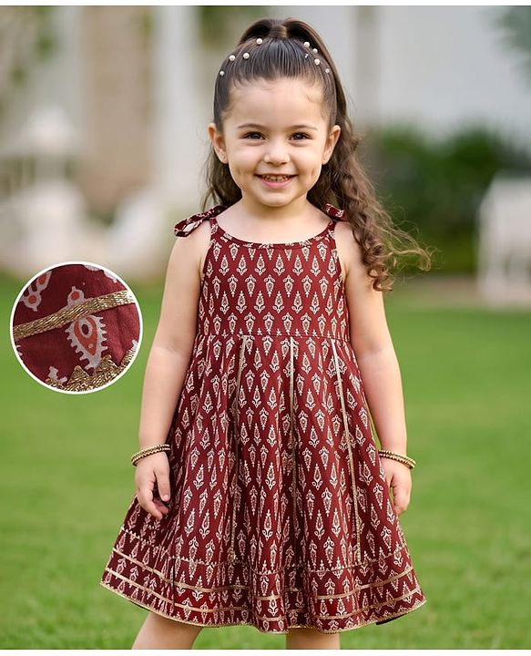 Babyhug 100% Cotton Sleeveless Full Length Floral Printed Ethnic Dress - Maroon