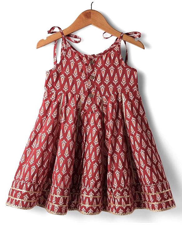 Babyhug 100% Cotton Sleeveless Full Length Floral Printed Ethnic Dress - Maroon