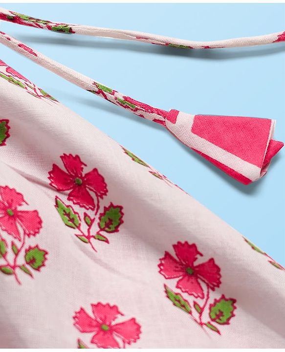 Babyhug 100% Cotton Sleeveless Floral Cambric Printed Lehenga & Choli Set With Dupatta - Pink & White